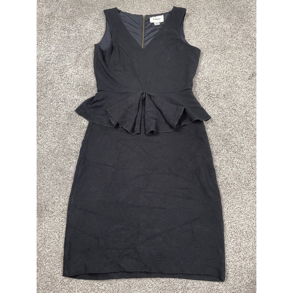 Ganni Dress Womens Small Black Peplum Ruffle Pencil Sheath Slimming LBD Stretch